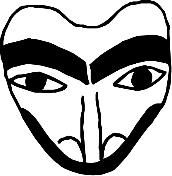 The black and white illustration shows two faces with a neutral expression on each side of an abstract design that resembles eyes in between them.
