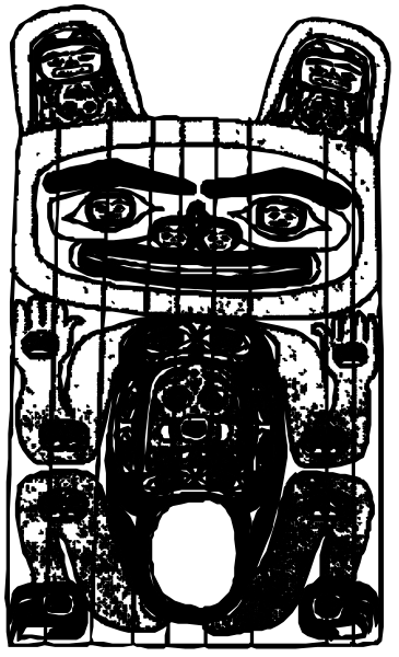 The black and white photo shows a stylized graphic of an indigenous person with large eyes wearing traditional clothing on top of what appears to be a totem pole design featuring animal figures at its base.