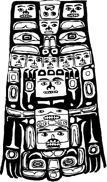 The black and white illustration depicts a totem pole with various animal heads on it against an indistinct background.