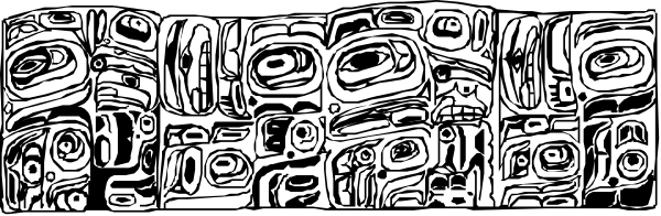 The image shows a closeup of an intricate pattern with various shapes that resemble stylized faces on what appears to be a piece of jewelry such as a necklace or bracelet.
