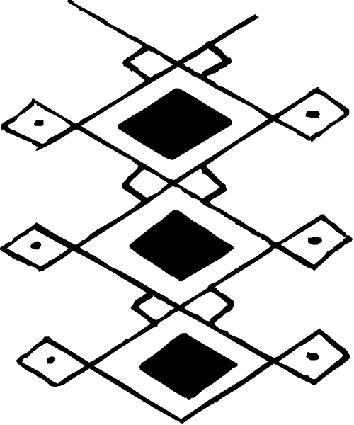 The black and white image shows a pattern of interconnected shapes that resemble stylized snowflakes with intricate designs within them.