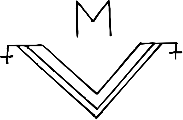 The image shows a black and white logo with stylized lettering that resembles an abstract design of leaves on either side of two vertical lines forming what appears to be a V-shape in the center, set against a gray background.