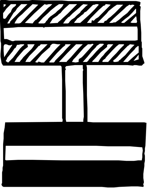 The black and white line drawing shows a simple geometric shape resembling an abstract building with two rectangles on top of each other connected by lines forming what appears to be windows or doors.