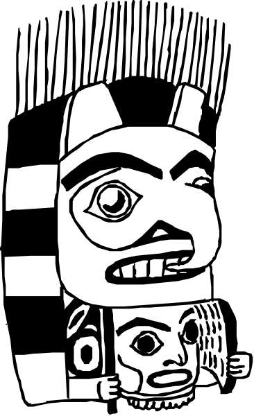 The black and white illustration features a stylized depiction of an indigenous person's head with large eyes and exaggerated facial expressions on one side against a dark background; there is no text present in this image, which focuses solely on the artwork without any additional context or elements to describe.