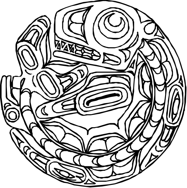 The images show a black and white illustration of an Inuit mask with intricate designs on it.