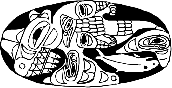 The black and white illustration shows a stylized depiction of an animal with multiple heads lying on its back next to what appears to be another creature that resembles a humanoid figure standing upright in front, both set against a dark background.