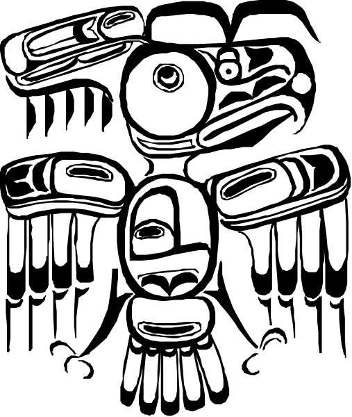 The black and white illustration features a stylized eagle with outstretched wings above two feathered headdresses on either side of its body.