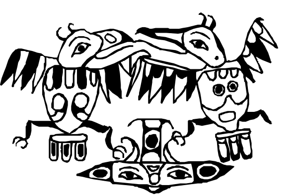 The black and white silhouette of a person with an animal on their back standing next to another figure that appears to be holding something in its hand.