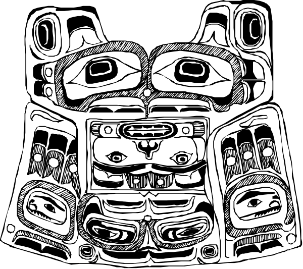 The black and white illustration features a stylized totem pole with various animal heads on it against an indistinct background.