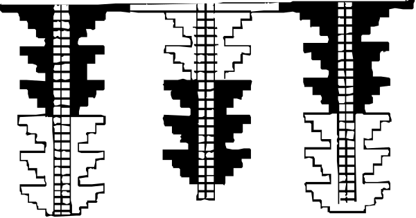 The image shows a black and white pixelated representation of an abstract pattern with various shapes that could be interpreted as stylized trees or plants against a dark background.