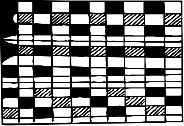 The black and white checkered pattern of a crossword puzzle with various clues written on it.