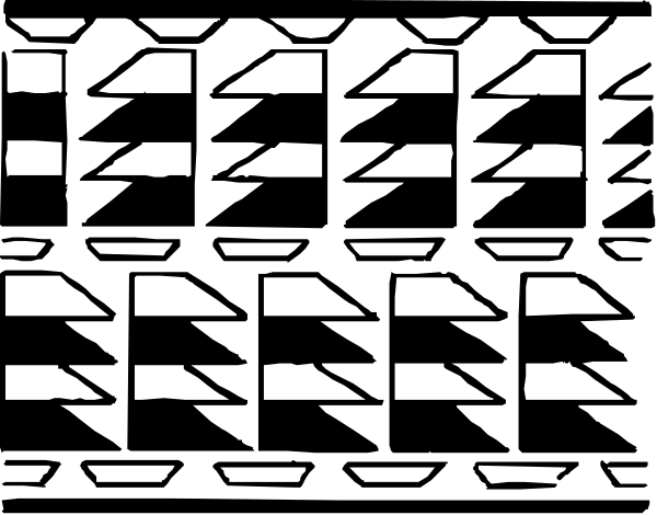 The image shows a black and white pattern with various shapes that resemble stylized buildings or structures arranged vertically along what appears to be an abstract background.