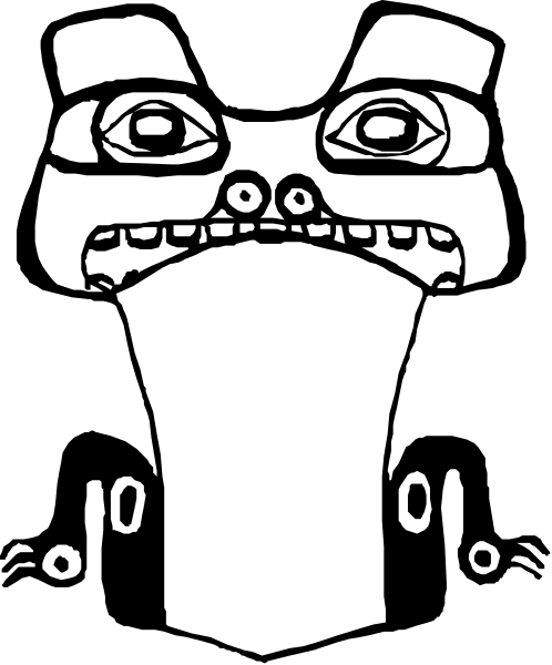 The black and white illustration shows a stylized face with exaggerated features such as large eyes and an open mouth on what appears to be a mask-like object against a dark background.