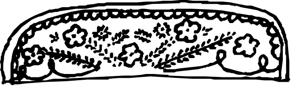 The black and white illustration shows a simple design of an oval with decorative patterns around it on top of what appears to be a rectangular base that could represent furniture like a table or desk.