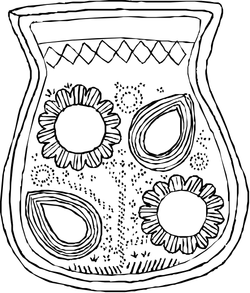 The black and white line drawing shows a vase with three sunflower designs on it placed against an abstract background that includes dots of various sizes scattered around.