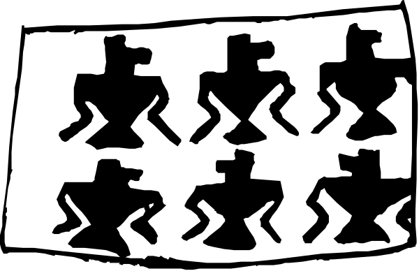 The black and white silhouette of a group of robots dancing together with their arms raised above them.