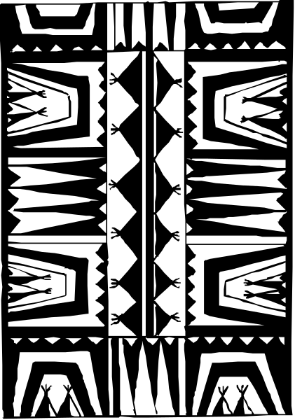 The image shows a pattern with geometric shapes resembling tribal designs on what appears to be fabric or paper material.