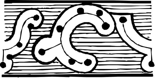 The black and white illustration shows a stylized depiction of an abstract design with two intertwined shapes resembling snakes on either side of what appears to be a central circular motif that could represent a flower, sunburst, or other symmetrical pattern; the background is plain.