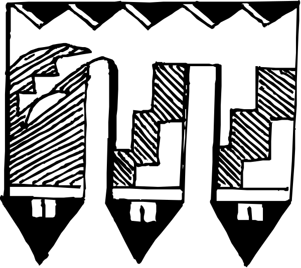 The black and white illustration shows a cartoon of three stylized figures with abstract patterns on their bodies standing next to each other in front of what appears to be an open door frame at nighttime.