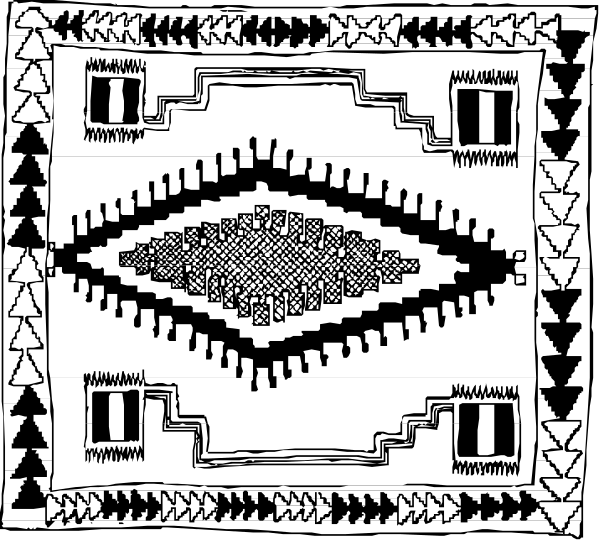 The image shows a black and white tribal rug with intricate patterns including geometric shapes such as triangles and diamonds forming an eye-like design in its center.