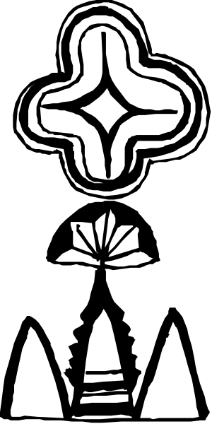 The black and white logo features a stylized tree on top left corner with three branches extending outward; below it is an abstract design that resembles two overlapping circles forming what appears to be a flower-like shape, centered in between which there's another smaller circle or dot representing the sun. To its right side of this central emblem are silhouettes of pine trees and mountains against a dark background with white speckled dots suggesting stars above them; below these elements is an abstract design that resembles waves crashing into each other, creating a sense of motion