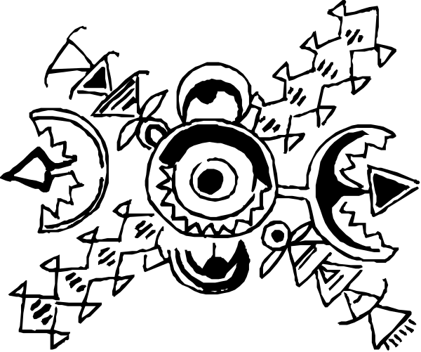 The black and white image shows a collection of mechanical parts with gears interlocking against an abstract background featuring geometric shapes like circles and triangles in various sizes.