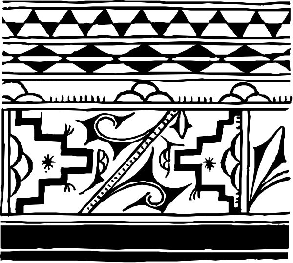 The black and white illustration shows a stylized pattern with geometric shapes resembling tribal designs on what appears to be an abstract background that could represent water waves or clouds.