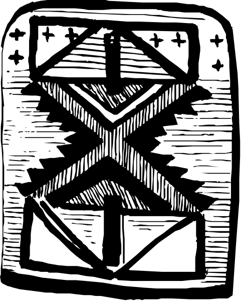 The black and white illustration shows a stylized tribal design with geometric patterns resembling an abstracted shield shape in the center of what appears to be paper-like material.