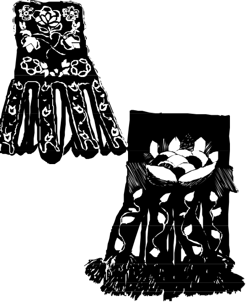 The black and white photo shows a dress with floral patterns on it to its left side and what appears to be an object resembling a cake stand in front of both items.