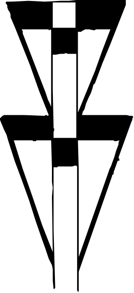 The image shows a black and white striped pattern with an abstract design resembling a stylized letter 'v' in one corner of it.