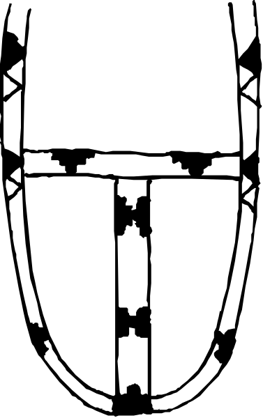 The black and white image shows a shield with an insect inside it on its left side, which is partially obscured by another object that appears to be made of metal bars in front of the bug's head area; this metallic structure has two visible holes at either end where parts might attach or connect.