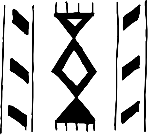 The image shows a simple black and white graphic with an abstract design that includes two shapes resembling triangles pointing upwards on either side of what appears to be a central shape forming a diamond-like pattern, set against a dark background.