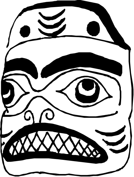 The black and white illustration shows a stylized face with an open mouth on what appears to be a mask-like object against a plain background.