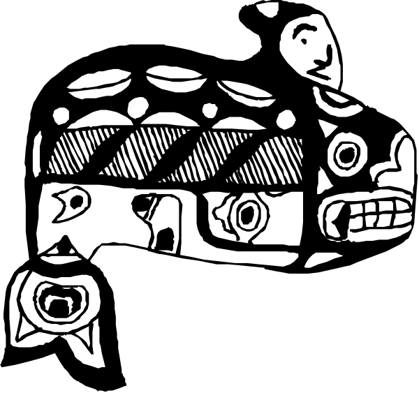 The black and white illustration shows a stylized cartoon of an animal with human features riding on top of what appears to be a vehicle resembling a train car, which is adorned with decorative patterns including stripes and circles; there's also another smaller figure in the background.
