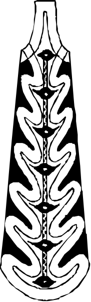 The image shows a black and white tribal tattoo design with intricate patterns resembling bones on either side of an abstract shape in between that could be interpreted as stylized leaves or feathers.