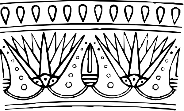 The black and white illustration shows a decorative pattern with stylized plant motifs resembling ferns on either side of what appears to be an abstract design in between them at the bottom center, possibly representing leaves or feathers.