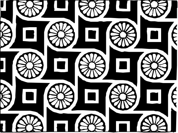 The image shows a pattern of black floral designs with white centers on what appears to be fabric backgrounds.