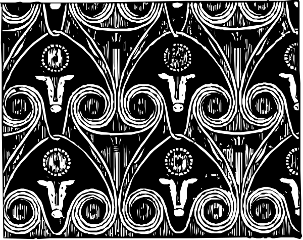 The black and white pattern features a repeating design with swirling shapes that resemble stylized leaves or feathers in an intricate border around what appears to be a central motif of two intertwined snakes, possibly representing serpents from mythology like those found on the staffs carried by certain deities.