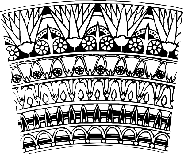 The black and white photo shows a decorative pattern with intricate designs resembling stained glass windows featuring floral motifs in various shapes such as leaves, flowers, vines, and possibly some abstract elements that could be interpreted as birds or other organic forms within an architectural framework suggesting the design might represent part of a building's facade.