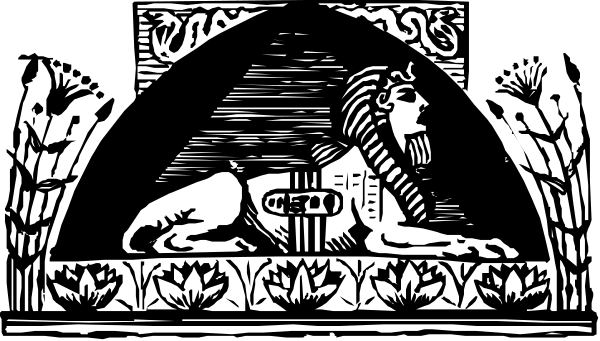 The black and white illustration features a stylized depiction of an ancient Egyptian scene with hieroglyphics on either side, flanked by lotus flowers atop what appears to be reeds; in between is a central figure that seems like it could represent a pharaoh or deity sitting upright.