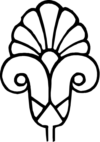 The image shows a black and white logo with an abstract design that includes two intertwined shapes resembling stylized leaves on either side of what appears to be a shield-like emblem in between, all set against a striped background.