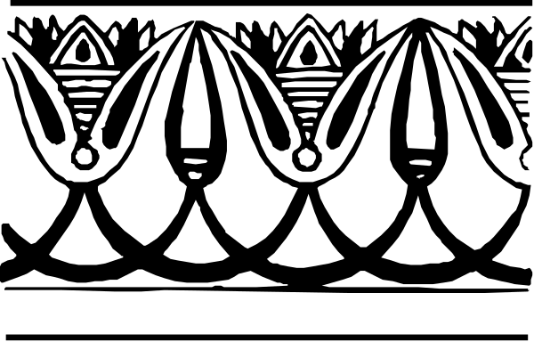The black and white illustration shows a decorative pattern with symmetrical elements that resemble stylized flowers or leaves on either side of an abstract design in between them.