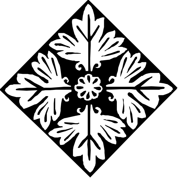 The black and white design features a symmetrical snowflake pattern with intricate details at its center surrounded by leaves on either side of an abstract floral motif resembling maple leafs in each corner, creating a decorative border around it all.