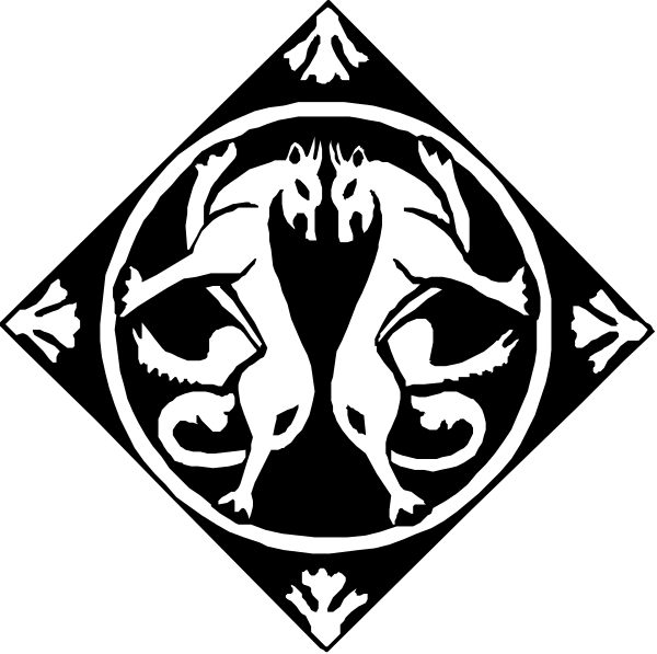 The black and white emblem features a stylized depiction of two dragons intertwined with each other atop an animal that resembles a lion-like creature; it is set against a circular background, which has four points radiating from its center like spokes on a wheel or the cardinal directions.