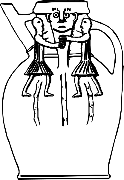 The black and white illustration shows a vase with two figures inside it; on top is an anthropomorphic figure holding what appears to be a staff in one hand while gesturing upwardly with another arm, suggesting movement or dance, positioned within a traditional Greek-style pottery vessel that has handles.
