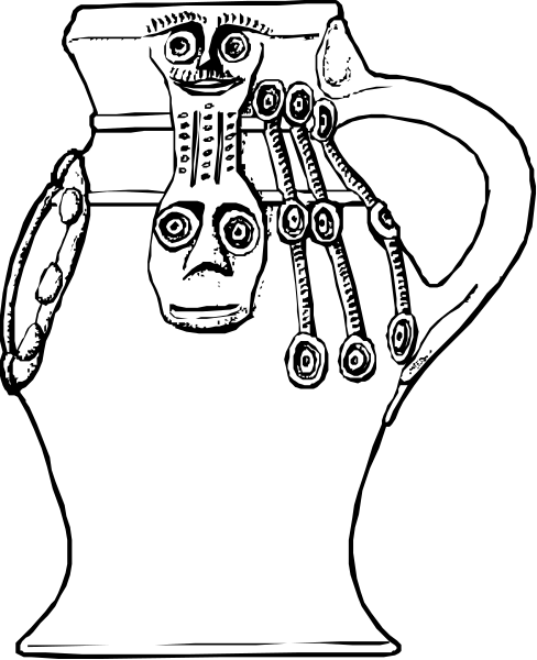 The black and white illustration shows a vase with two faces on it; each face has multiple eyes and mouths that resemble gears or mechanical parts instead of human features.