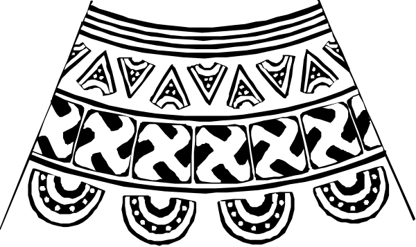 The black and white illustration shows a stylized depiction of an object with intricate patterns resembling traditional Japanese textiles such as kimono fabric designs featuring geometric shapes like circles and squares, along with what appears to be floral motifs or leaves within these forms.