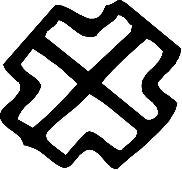 The image shows a black and white logo with an abstract design that includes two intersecting lines forming an X shape within what appears to be a square frame.