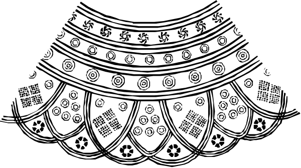 The black and white illustration features a decorative pattern with intricate designs resembling lacework at its center, surrounded by what appears to be stars on either side of an arch-like structure that could represent part of a chandelier or similar adornment.