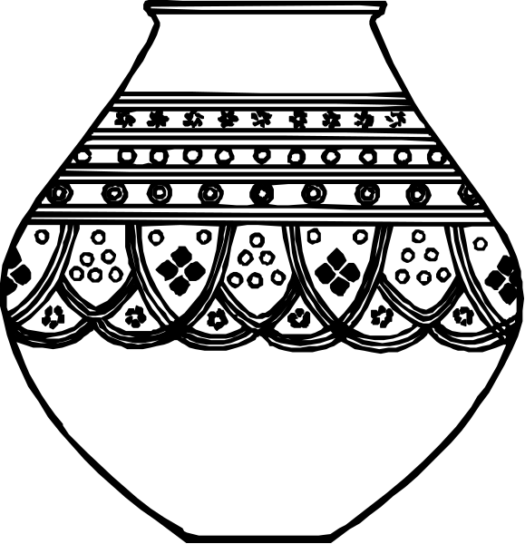 The black and white images show two different designs of vases with intricate patterns on their sides: a floral pattern in one image and an elaborate lace-like design in another.